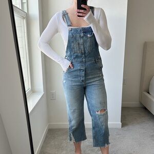 Free People Blue Distressed Denim Overalls
